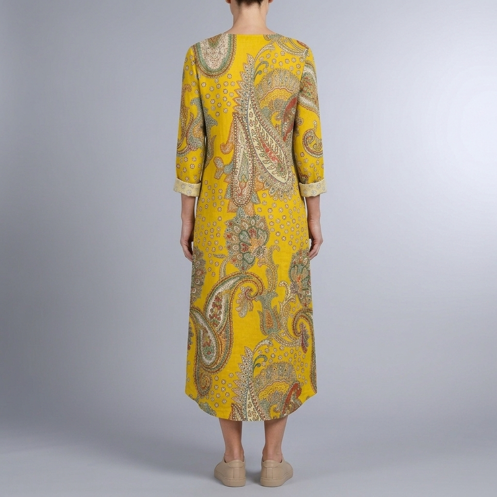 Women's Yellow Paisley Print Dress | Maxi V-Neck Long Sleeve Yellow front view