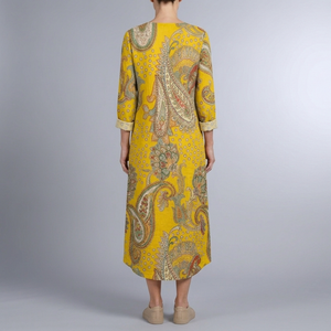 Women's Yellow Paisley Print Dress | Maxi V-Neck Long Sleeve Yellow back view
