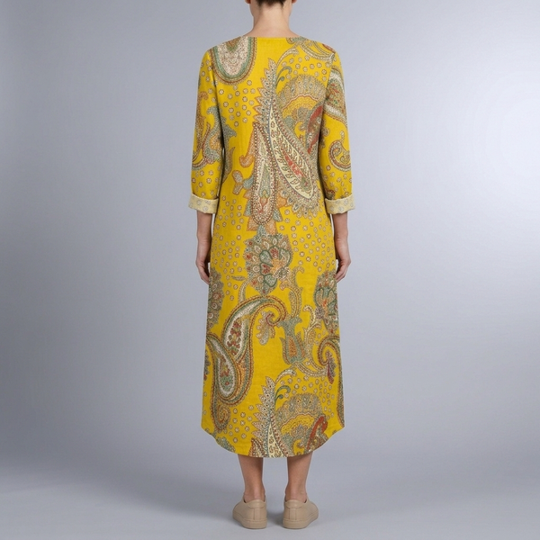 Women's Yellow Paisley Print Dress | Maxi V-Neck Long Sleeve Yellow back view