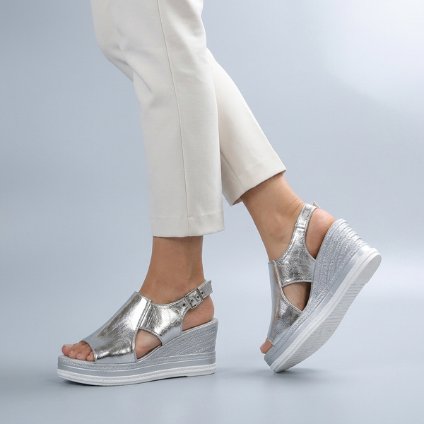 Platform Sandals For Women | Cutout Wedge Slingback Silver walking side view