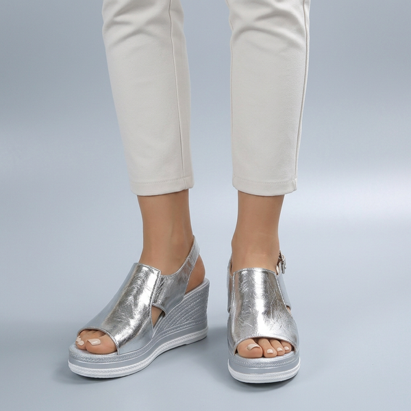 Platform Sandals For Women | Cutout Wedge Slingback Silver worn front view