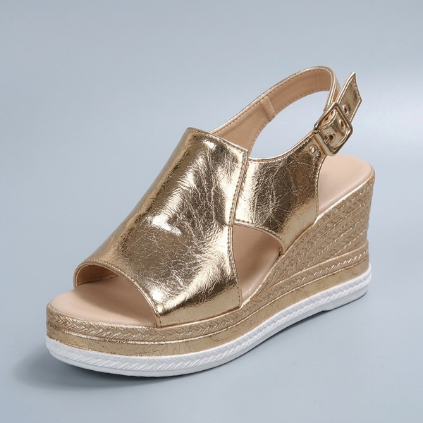 Platform Sandals For Women | Cutout Wedge Slingback Gold three-quarter front view