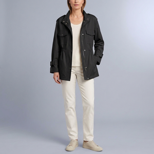 Women's Trench Coat | Belted Drawstring Utility Jacket Black front view