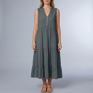 Women's Sundress | Maxi Tiered Button Front Sleeveless Dark Grey front view