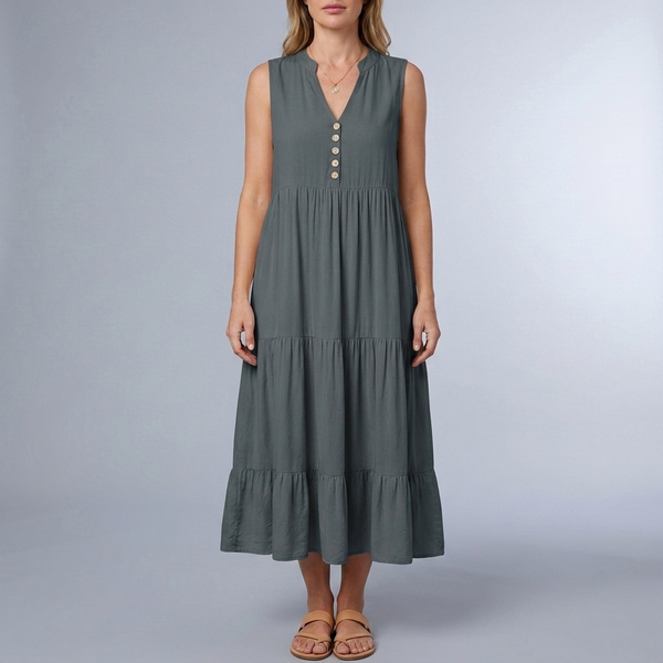 Women's Sundress | Maxi Tiered Button Front Sleeveless Dark Grey front view