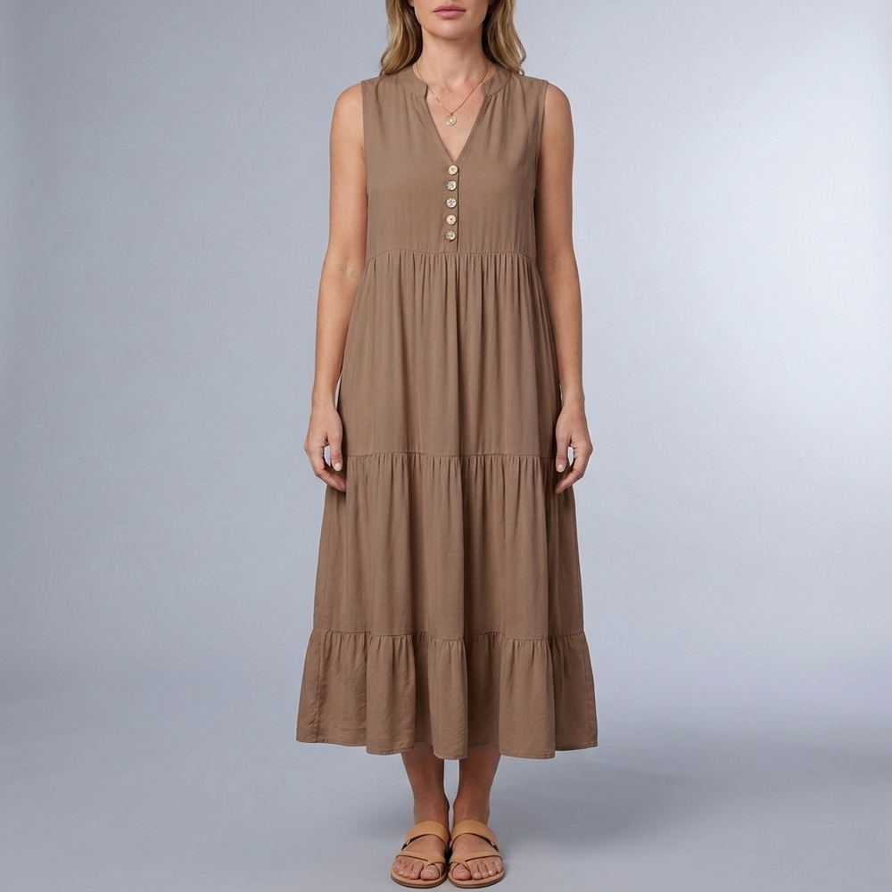 Women's Sundress | Maxi Tiered Button Front Sleeveless Apricot front view