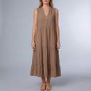 Women's Sundress | Maxi Tiered Button Front Sleeveless Brown front view