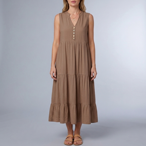 Women's Sundress | Maxi Tiered Button Front Sleeveless Brown front view