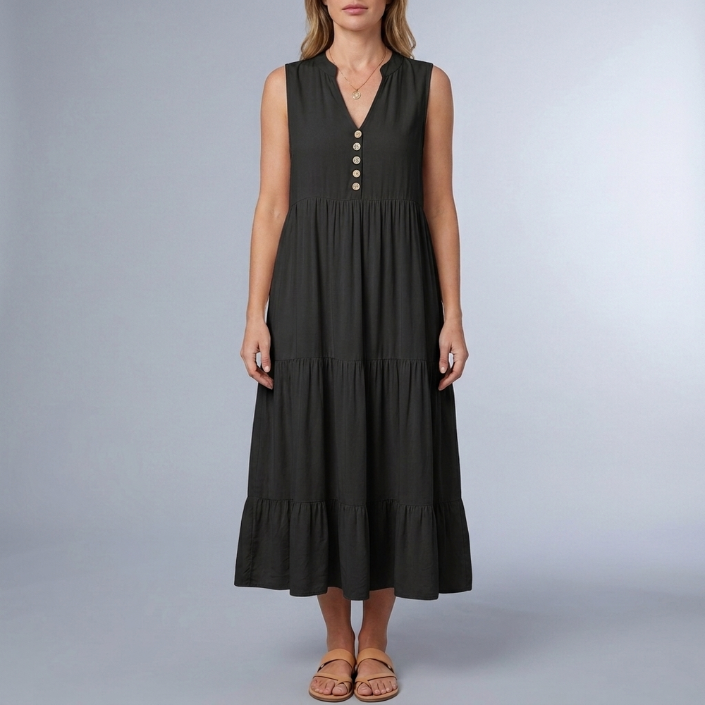 Women's Sundress | Maxi Tiered Button Front Sleeveless Apricot front view