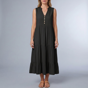 Women's Sundress | Maxi Tiered Button Front Sleeveless Black front view