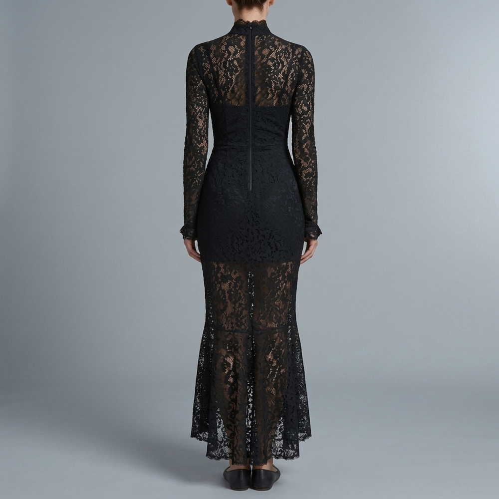 Women's Black Tie Dress | Maxi High Neck Long Sleeve Lace Mermaid Black front view