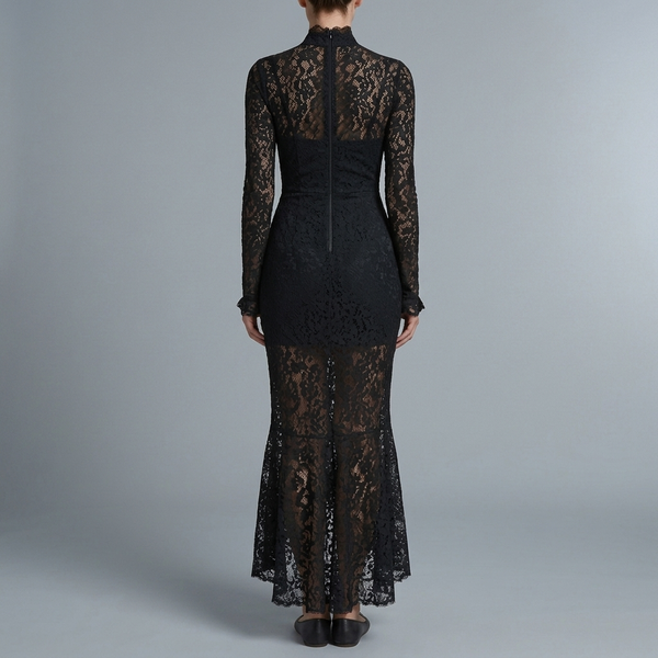 Women's Black Tie Dress | Maxi High Neck Long Sleeve Lace Mermaid Black back view