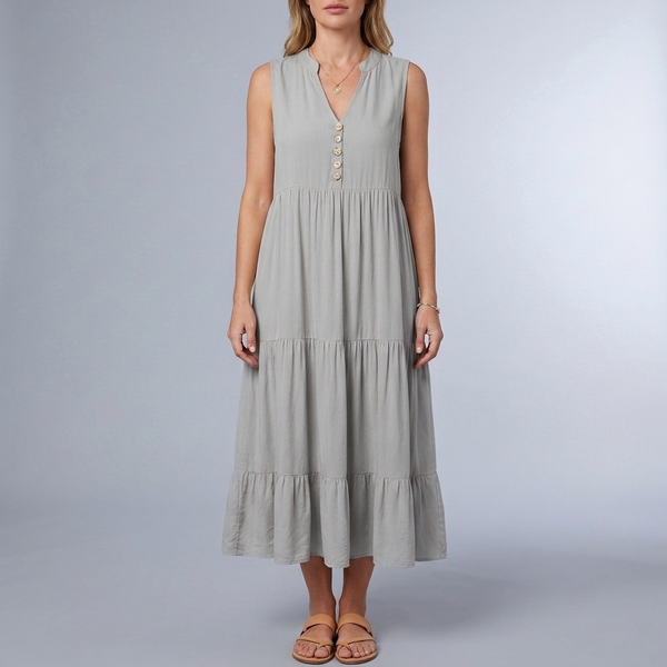 Women's Sundress | Maxi Tiered Button Front Sleeveless Grey front view