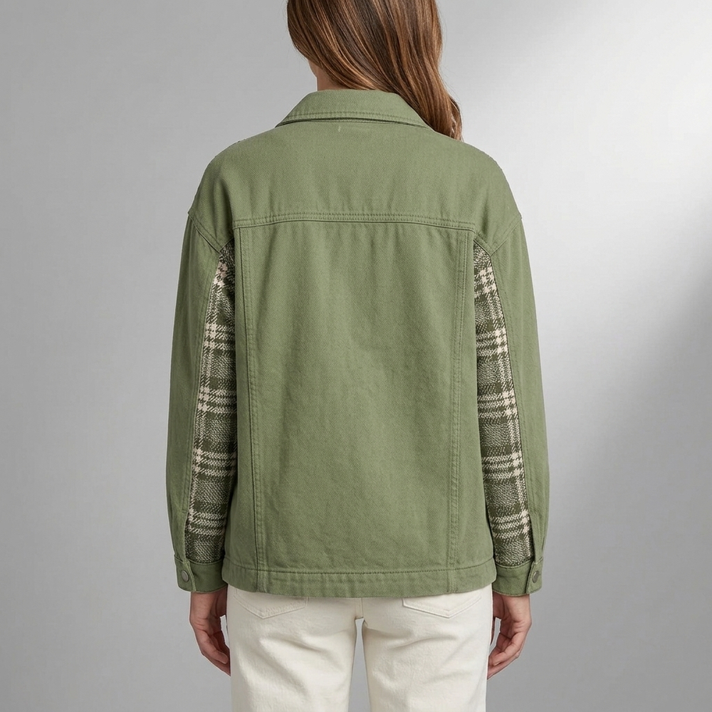 Women's Denim Jacket | Plaid Panel Long Sleeve Green front view