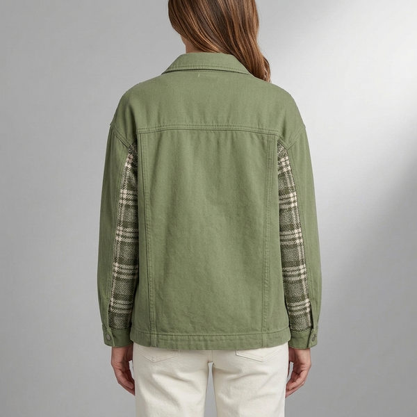 Women's Denim Jacket | Plaid Panel Long Sleeve Green back view