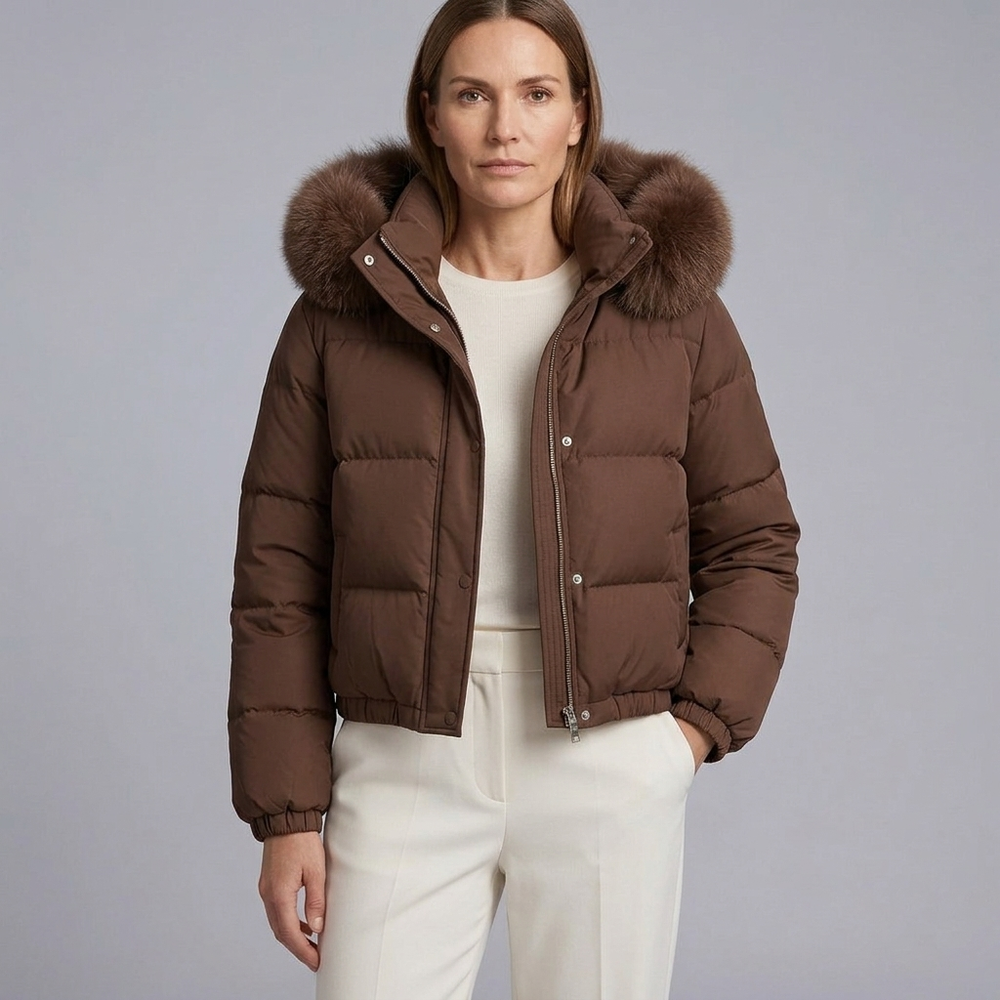 Women's Puffer Jacket | Fur Trim Hood Cropped Quilted Beige front view