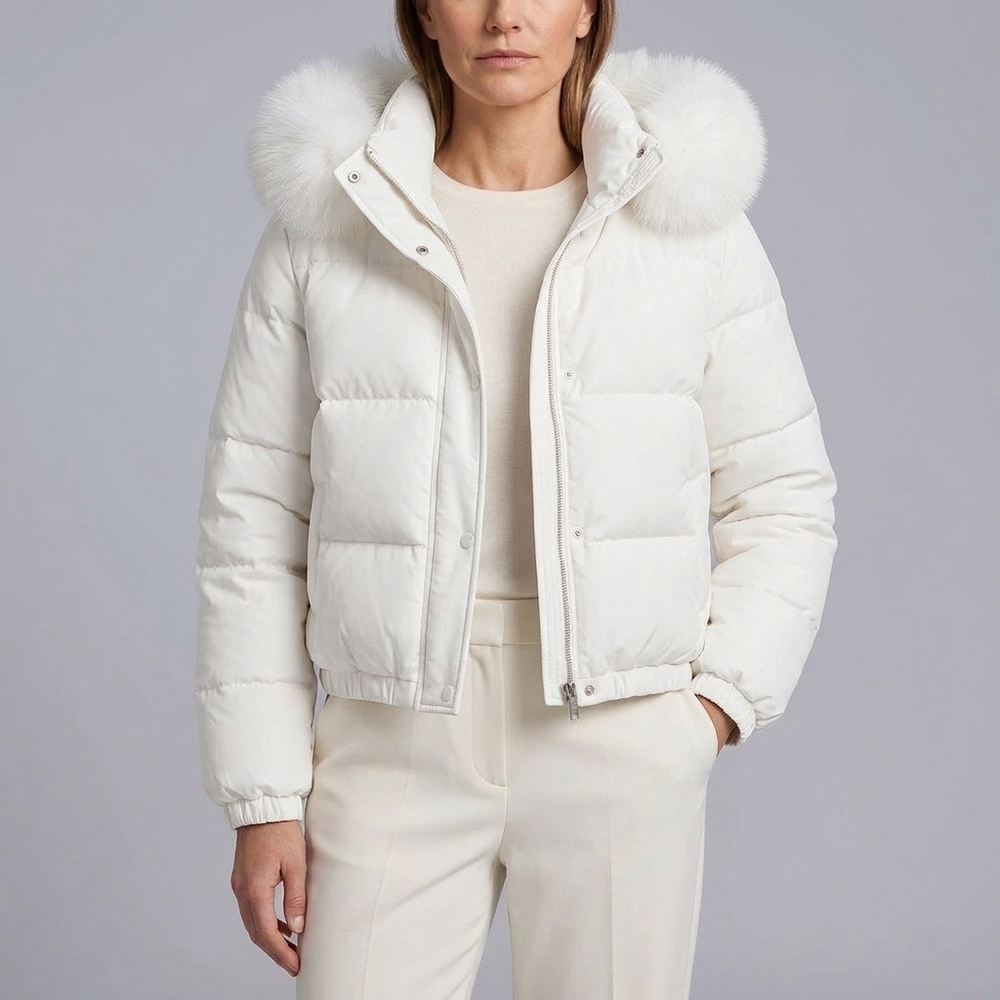 Women's Puffer Jacket | Fur Trim Hood Cropped Quilted Beige front view