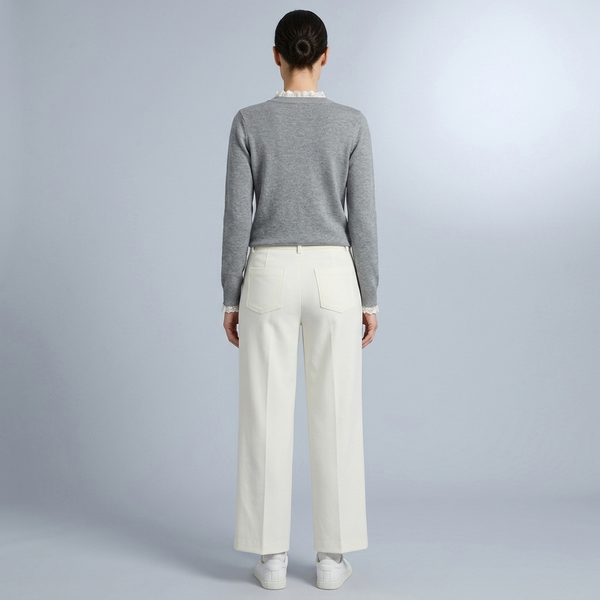 Women's Long Sleeve Top | Grey Lace Trim Button Front Grey back view