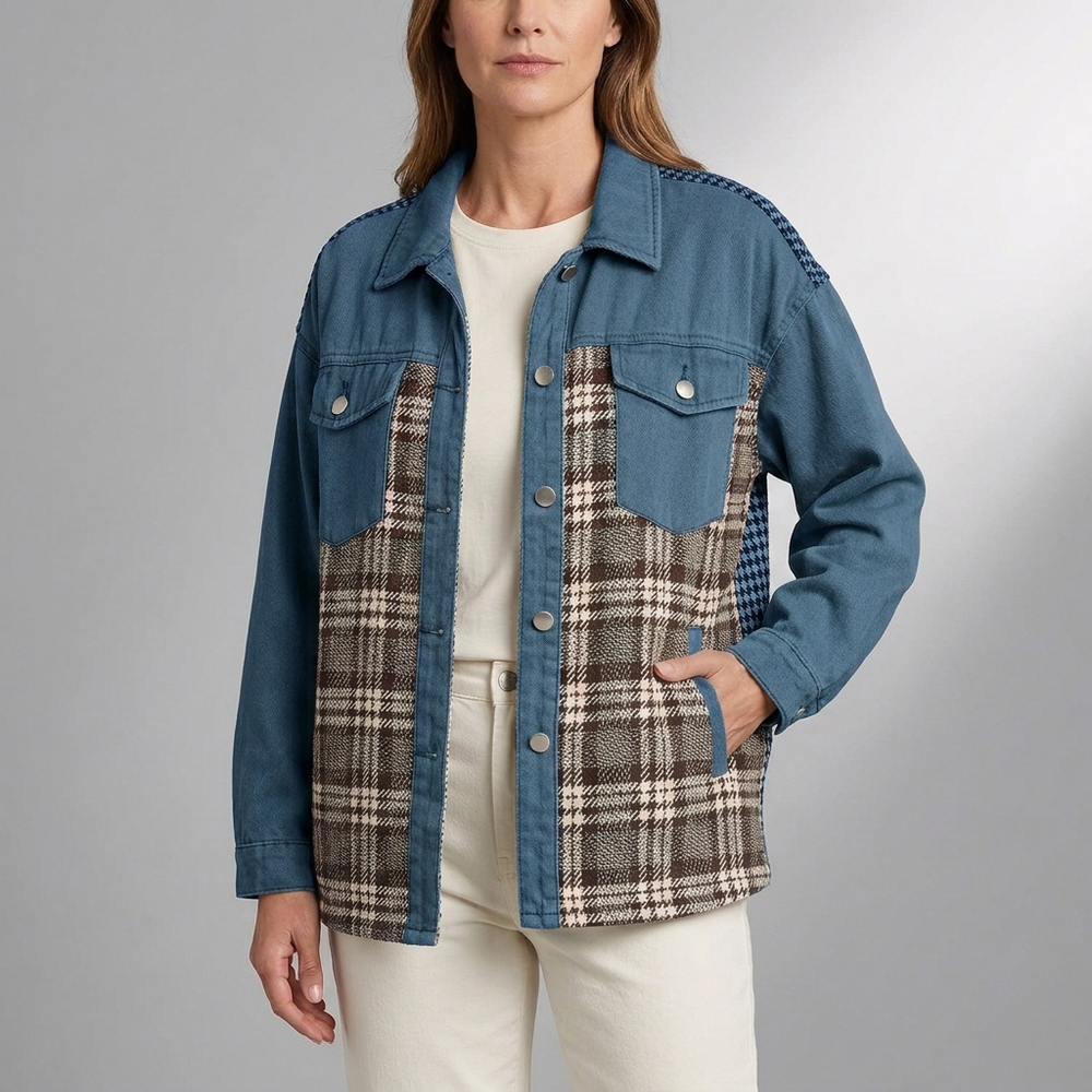 Women's Denim Jacket | Plaid Panel Long Sleeve Green front view