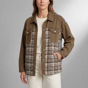 Women's Denim Jacket | Plaid Panel Long Sleeve Brown front view