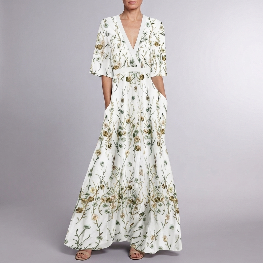 Women's Party Dress | Maxi Floral V-Neck Blue front view