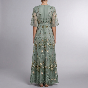 Women's Party Dress | Maxi Floral V-Neck Blue back view