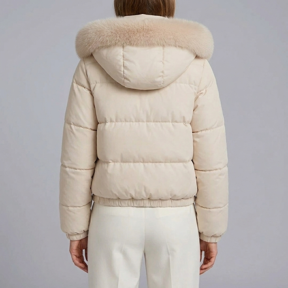 Women's Puffer Jacket | Fur Trim Hood Cropped Quilted Beige front view