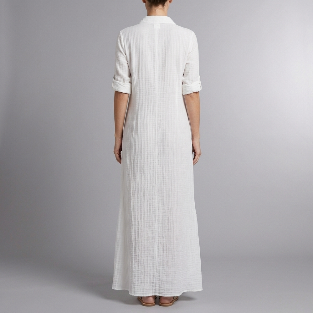 Women's White Maxi Shirt Dress | Ruffle Hem Long Sleeve White front view