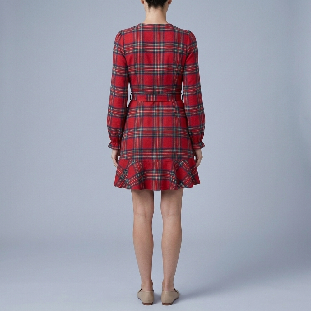 Women's Red Mini Dress | Wrap Plaid Ruffle Sleeve Red Plaid front view