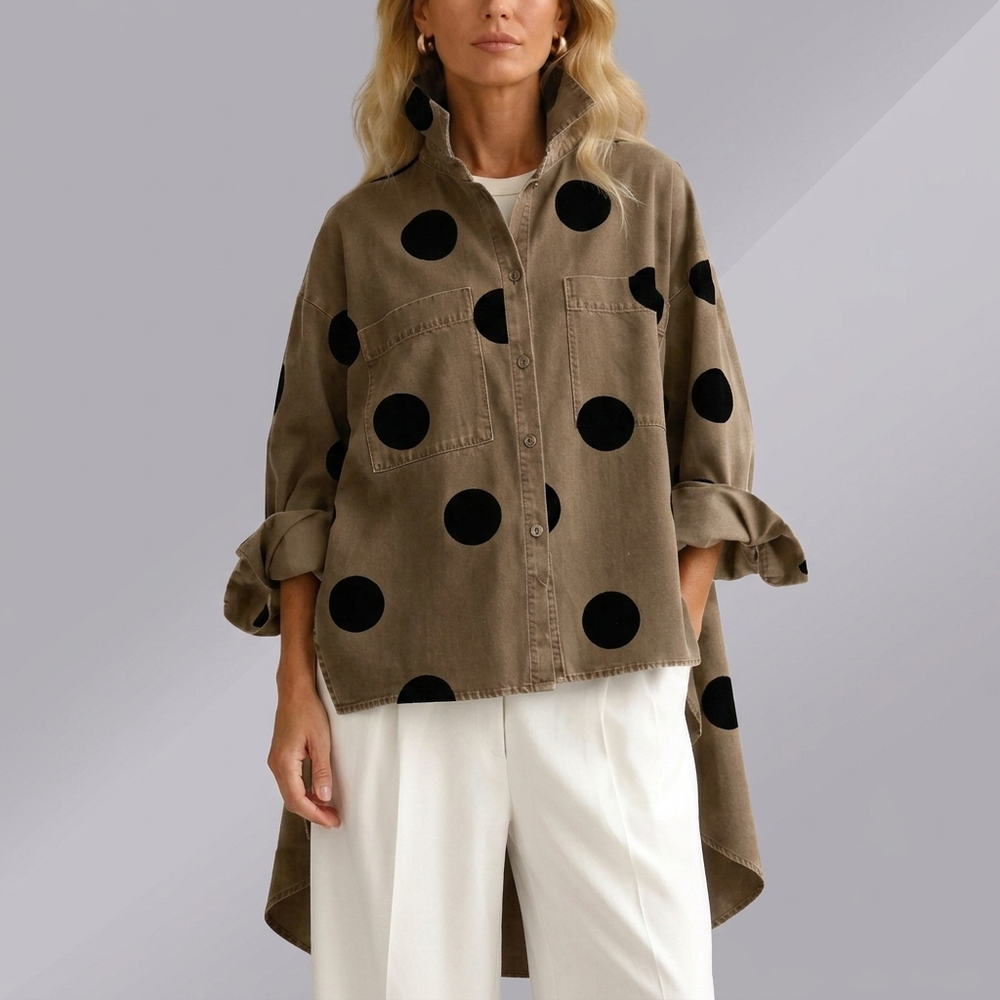 Women's Shirt | Linen Polka Dot Button Front Black front view