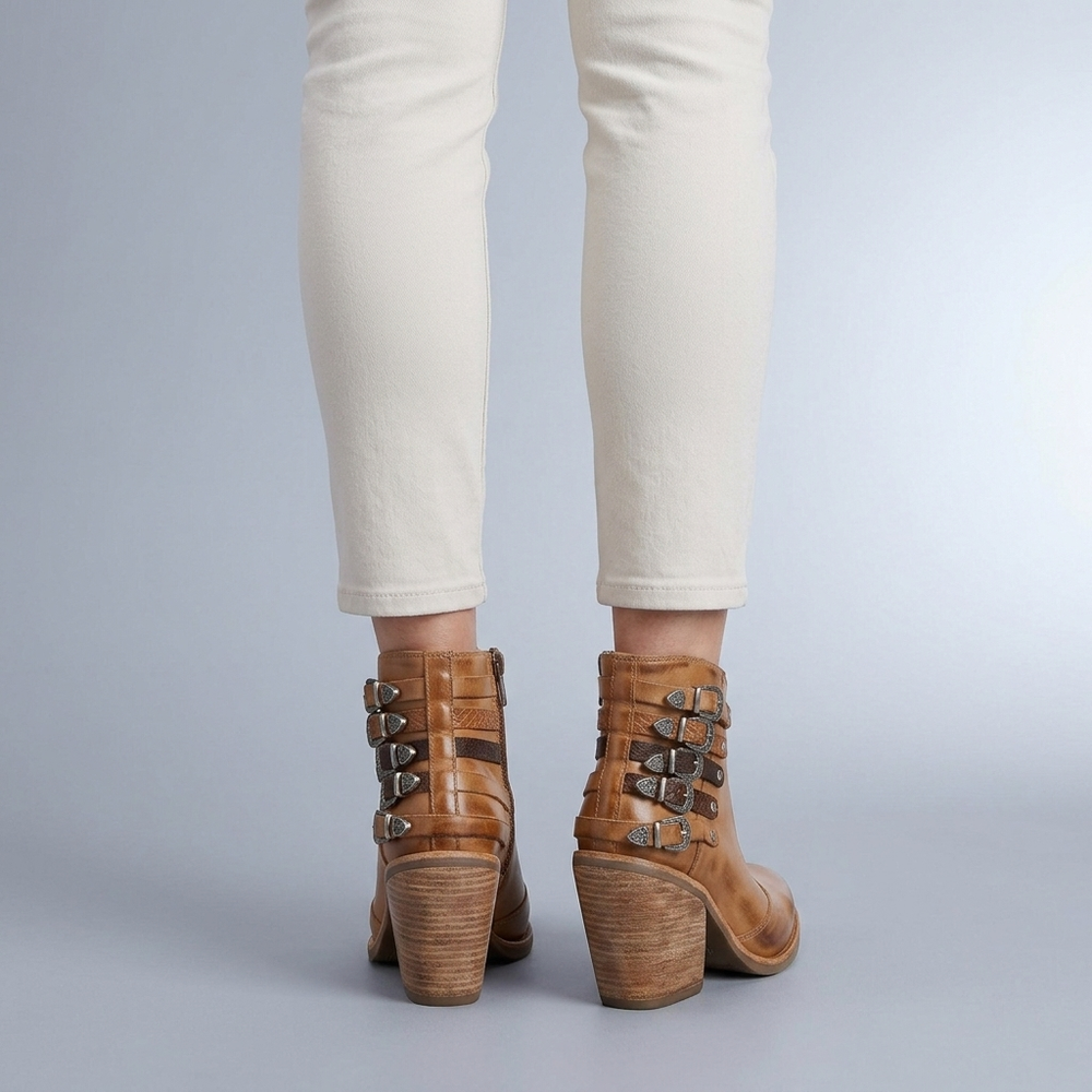 Boots For Women | Brown Leather Chunky Buckle Studded Ankle Brown three-quarter front view