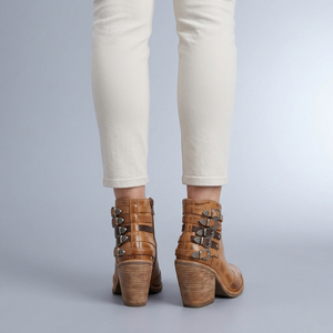 Boots For Women | Brown Leather Chunky Buckle Studded Ankle Brown worn back view