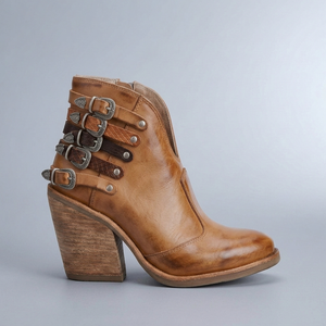Boots For Women | Brown Leather Chunky Buckle Studded Ankle Brown side profile view