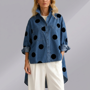 Women's Shirt | Linen Polka Dot Button Front Blue front view