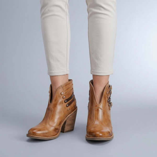 Boots For Women | Brown Leather Chunky Buckle Studded Ankle Brown worn front view