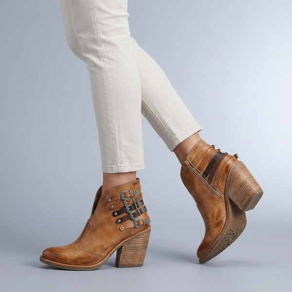 Boots For Women | Brown Leather Chunky Buckle Studded Ankle Brown walking side view