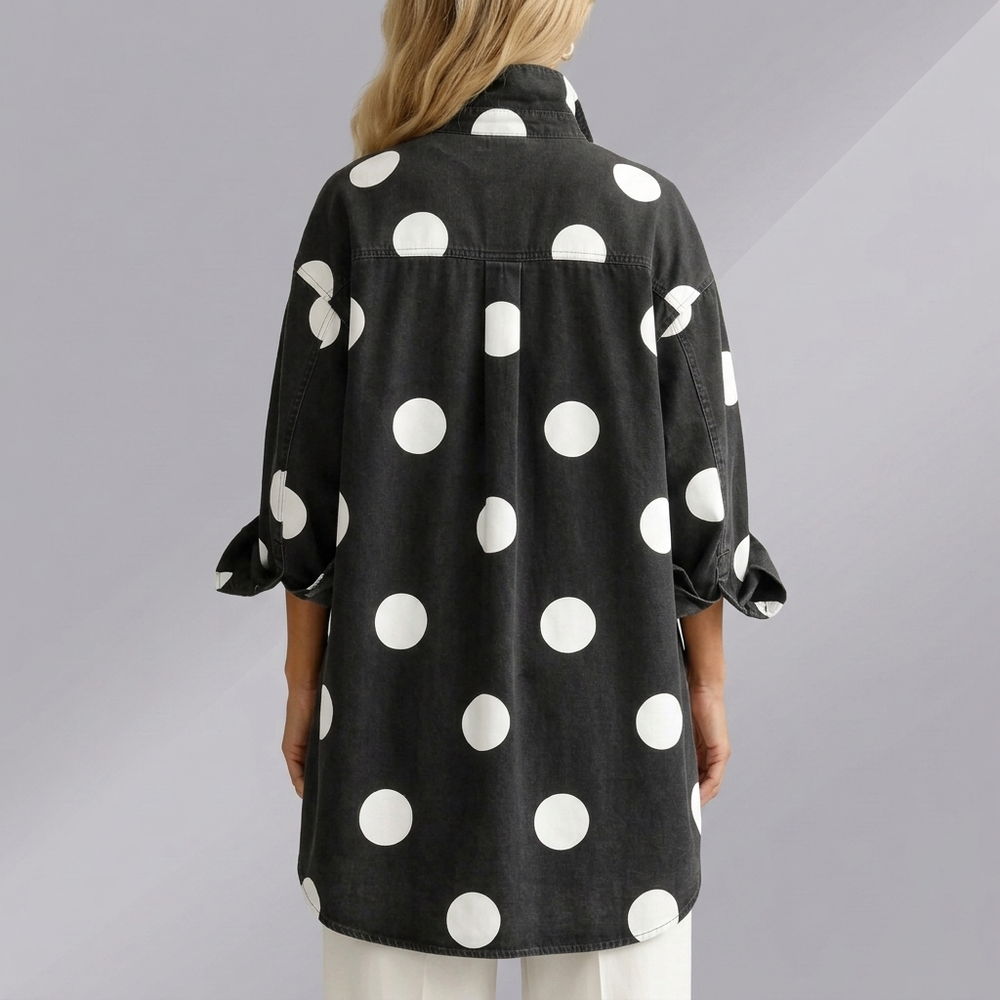 Women's Shirt | Linen Polka Dot Button Front Black front view