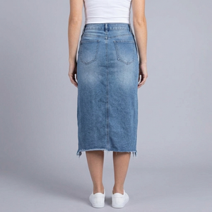 Women's Denim Skirt | Maxi Distressed Asymmetric Hem Forget-Me-Not back view