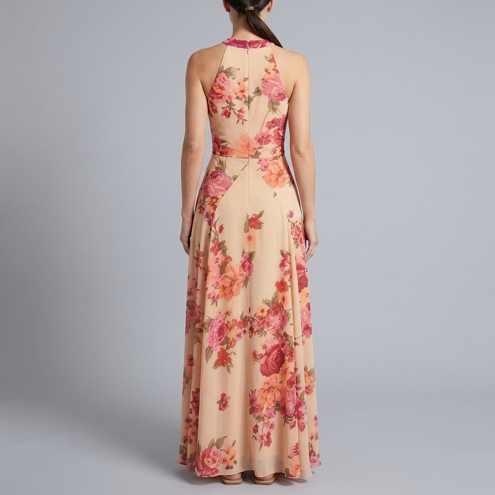 Women's Maxi Dress | High Neck Sleeveless Halter Apricot pink front view
