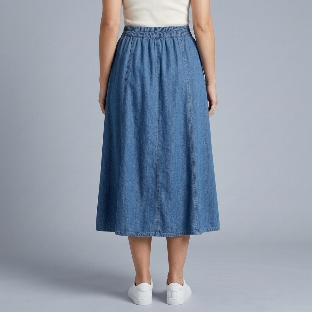 Women's Denim Skirt | Midi Elastic Waist A-Line Pockets Deep Blue front view