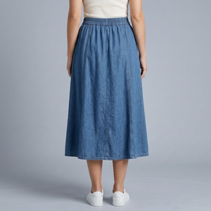 Women's Denim Skirt | Midi Elastic Waist A-Line Pockets Deep Blue back view
