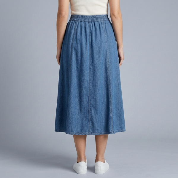Women's Denim Skirt | Midi Elastic Waist A-Line Pockets Deep Blue back view