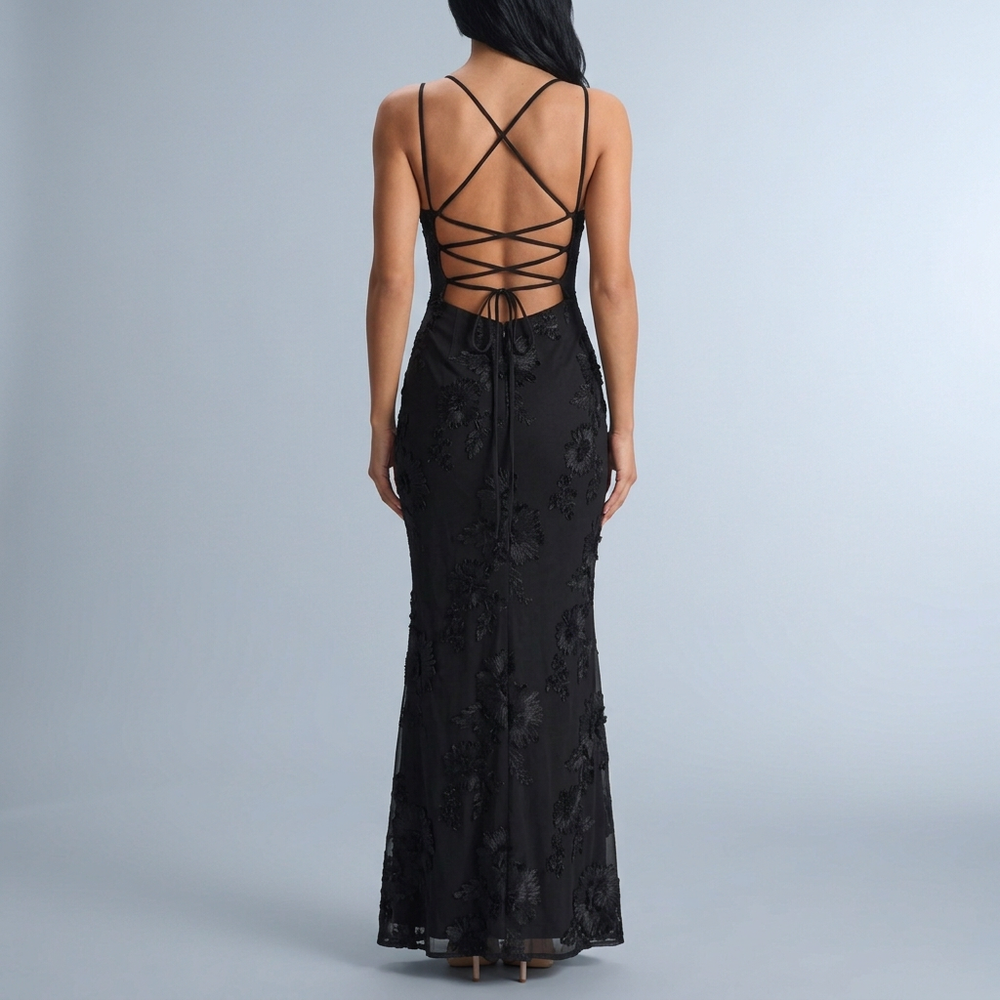 Women's Black Dress | Maxi Lace Open Back Spaghetti Strap Black front view