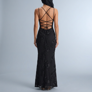 Women's Black Dress | Maxi Lace Open Back Spaghetti Strap Black back view
