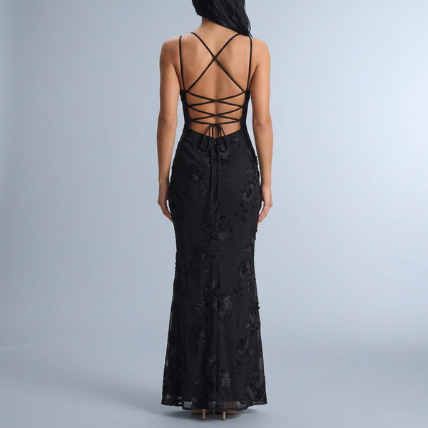 Women's Black Dress | Maxi Lace Open Back Spaghetti Strap Black back view