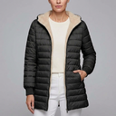 Women's Puffer Jacket | Sherpa Lined Zip-Up Hooded Black front view