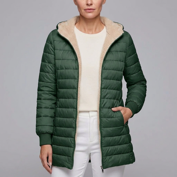 Women's Puffer Jacket | Sherpa Lined Zip-Up Hooded Green front view