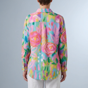 Women's Blouse | Artistic Floral Print Button Front Pink back view