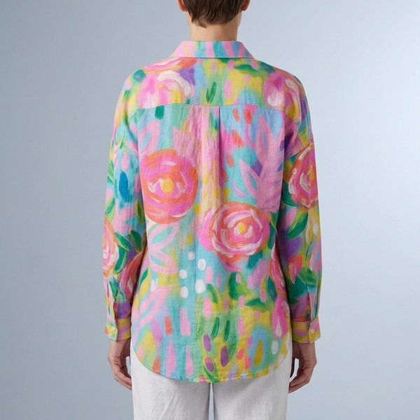 Women's Blouse | Artistic Floral Print Button Front Pink back view