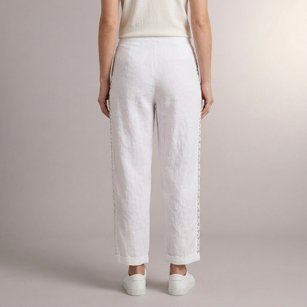 Women's White Linen Pants | Hollow Out Lace Up Mid Waist White front view